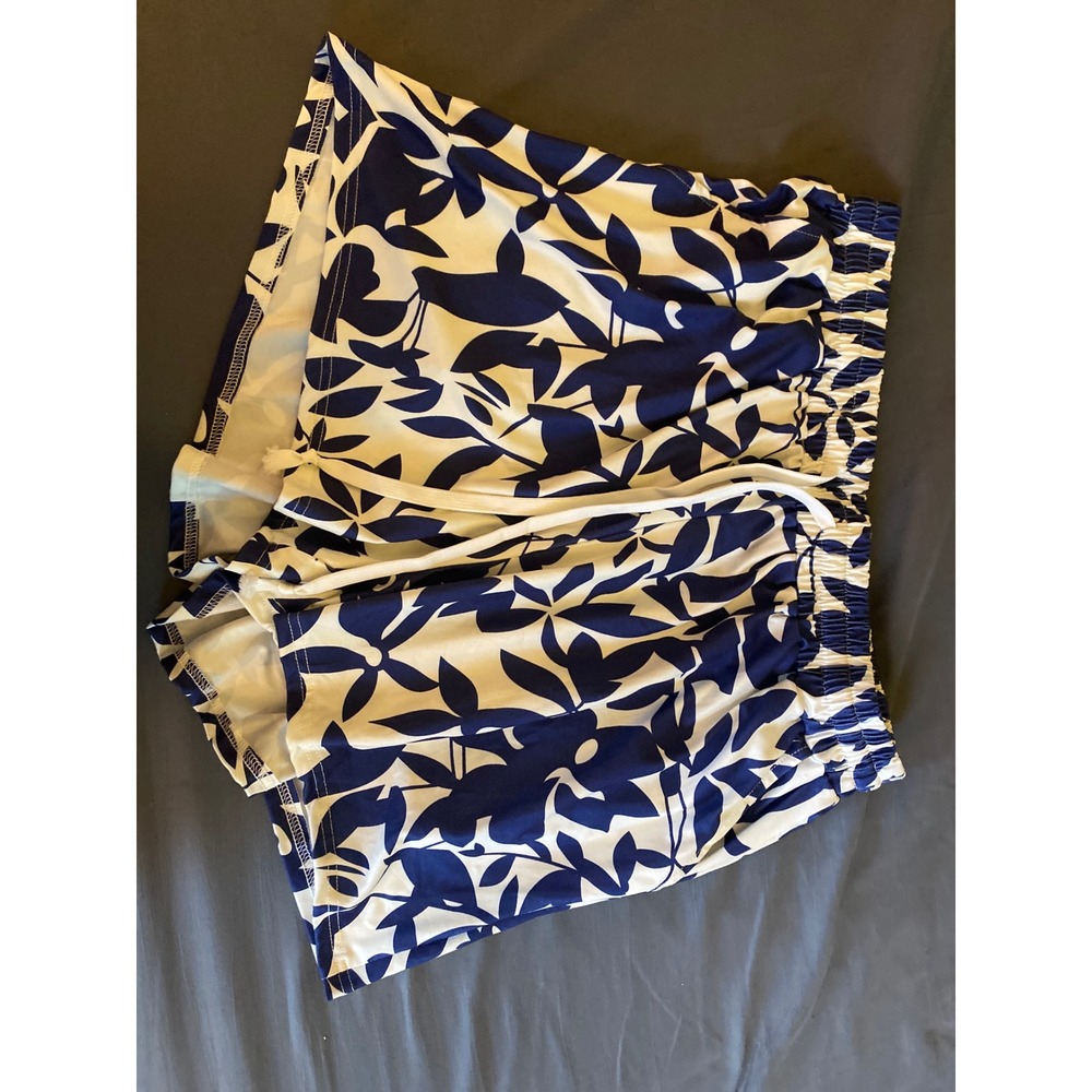 Emery Rose Womens Plus Size 1XL Navy Blue White Floral Leaf Drawstring Shorts